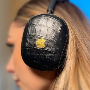 Airpod Max-hoesje van echt leer met reliëf, goudzilverfolie gepersonaliseerd monogram Airpod Max-hoesje, uniek cadeau leren hoesje