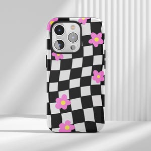 Custodia per telefono a scacchi Groovy Daisy: cover floreale retrò per iPhone, Samsung, Huawei, Google Pixel, telefoni XiaoMi