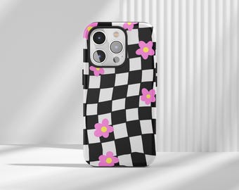 Groovy Daisy Checkered Phone Case: Retro Floral Cover for iPhone, Samsung, Huawei, Google Pixel, XiaoMi Phones