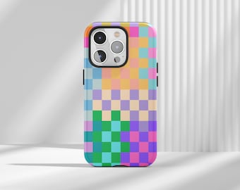 Retro Rainbow Phone Case Checkered Pattern Cover for iPhone 16 15 14 13 12 11 Pro Max, X, XS, Ultra, Pro, Magsafe, Hard, Tough