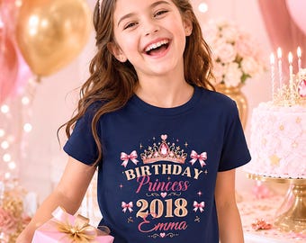 Princess Girl Birthday T-Shirt Personalized with Name, Gift for Daughter, Granddaughter, Goddaughter, Niece, Children's Crown Tiara Birthday Shirt
