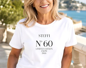 Elegant 60th birthday T-shirt for women, personalized with name, born in 1966, gift for mom, grandma, sister, stylish women's shirt gift idea