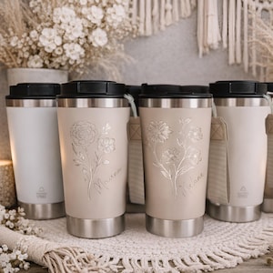 Gepersonaliseerde thermosbeker met geboortebloem en naam, gegraveerde reisbeker, cadeau voor beste vriendin of zus, gepersonaliseerde thermosbeker