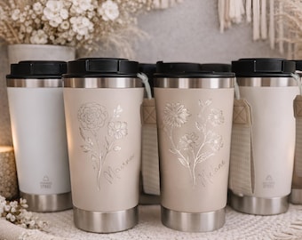 Thermobecher personalisiert Geburtsblume & Name,Kaffeebecher To Go graviert,Geschenk beste Freundin Schwester,personalisierter Thermosbecher