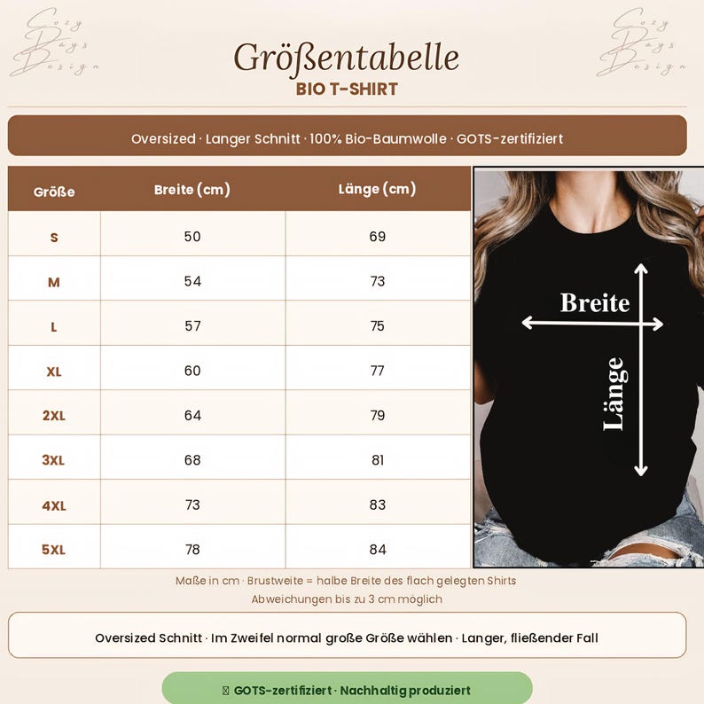May include: A size chart for an oversized organic cotton t-shirt, featuring a table with sizes S through 5XL and their corresponding width and length measurements in centimeters. A black t-shirt is shown with arrows indicating width and length.