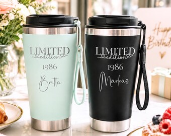 40th Birthday Gift for Men and Women | 500ml Stainless Steel Thermos Mug Personalized with Name & Year 1986, Limited Edition Partner Mug