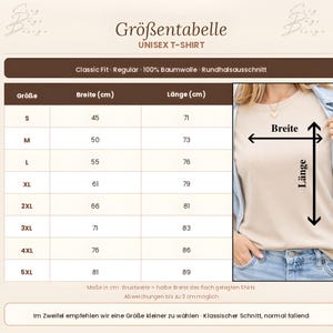 May include: A size chart for a unisex t-shirt titled Gr&ouml;&szlig;entabelle. The table lists sizes S through 5XL with corresponding width and length measurements in centimeters. A diagram shows a beige t-shirt with arrows indicating width and length.