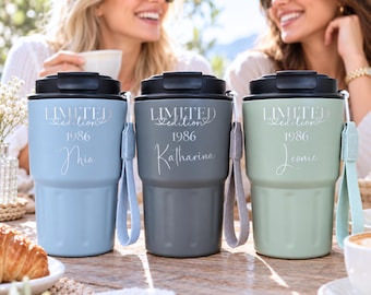 Personalized 40th birthday thermal mug engraved with name, born in 1986, gift for women and men, insulated travel mug 320 ml, 40th