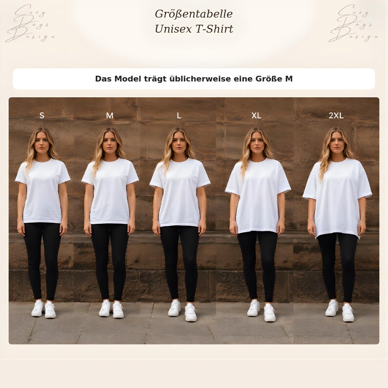 May include: A size chart for a white unisex t-shirt featuring five variations labeled S, M, L, XL, and 2XL. The text reads Gr&ouml;&szlig;entabelle Unisex T-Shirt and Das Model tr&auml;gt &uuml;blicherweise eine Gr&ouml;&szlig;e M. Each shirt is shown on a figure wearing black pants.