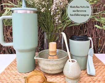Matcha set complete gift with personalized thermal mug, cute matcha bowl with spout and whisk, gift set for coffee and tea lovers