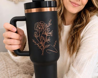 Personalized birth flower thermal mug with name, engraved drinking mug gift for women, stainless steel mug for mom's birthday, XXL cup