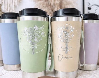 Blumenstrauß Thermobecher personalisiert mit Name, Tasse Beste Freundin Geschenk Weihnachten, Kaffeebecher To Go 500ml, Geburtstagsgeschenk