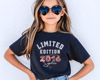 Geburtstagsshirt Mädchen personalisiert, T-shirt Geburtstag mit Name und Jahr 5 6 7 8 9 10 11 12, Geburtstagskind Tshirt Baumwolle Kind