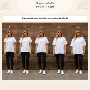 May include: A size chart for a unisex t-shirt, with the text "Gr&ouml;&szlig;entabelle Unisex T-Shirt". The chart shows models wearing white t-shirts in sizes S, M, L, XL, and 2XL, paired with black pants and white sneakers.