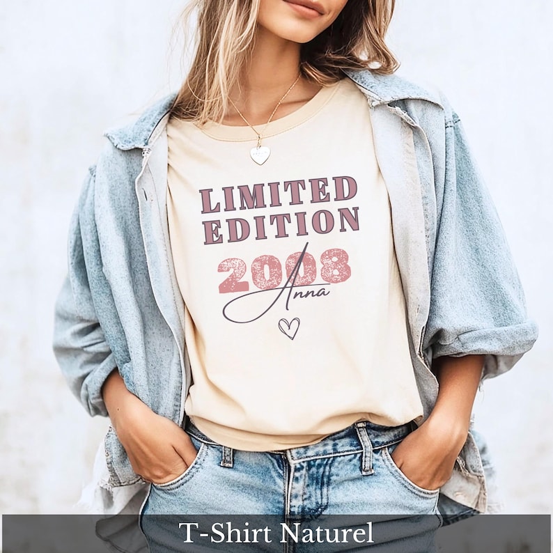 Jahrgang 2008 Shirt Mädchen personalisiert mit Name – Geburtstagsshirt Geboren 2008 Vintage T-Shirt Geschenk junge Frau 18 Geburtstag