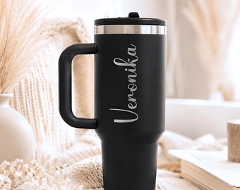Personalized thermal mug with name engraving, drinking mug for women, gift, stainless steel mug XXL with handle and straw, birthday gift for women