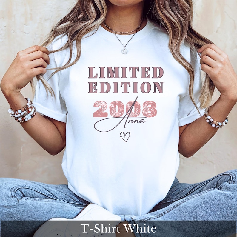 Jahrgang 2008 Shirt Mädchen personalisiert mit Name – Geburtstagsshirt Geboren 2008 Vintage T-Shirt Geschenk junge Frau 18 Geburtstag