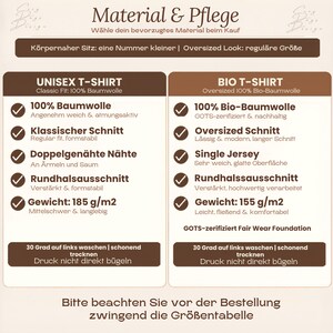 May include: A beige informational chart titled Material & Pflege comparing two t-shirt types. The left column details a classic fit 100% cotton shirt with 185 g/m2 weight. The right column details an oversized 100% organic cotton shirt with 155 g/m2 weight.