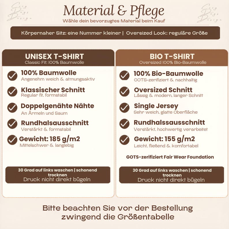 May include: A beige informational chart titled Material & Pflege comparing two t-shirt types. The left column details a classic fit 100% cotton shirt with 185 g/m2 weight. The right column details an oversized 100% organic cotton shirt with 155 g/m2 weight.