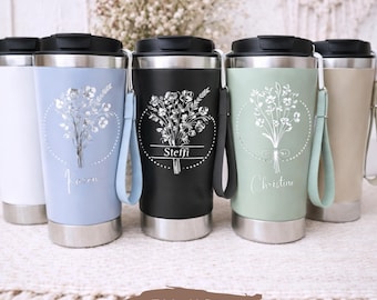 Personalisierter Thermobecher graviert Blumen und Name, Geschenke für Kollegin Tasse, Kaffeebecher To Go 500ml, Sinnvolle Geschenke Frauen