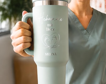 Personalized thermal mug for midwives, gift for midwives, mug with heart and name, engraving, thank you for birth attendants, farewell tumbler, special