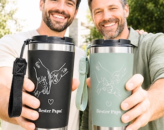 Personalized 500ml thermal mug for Dad with children's hands and name – engraved stainless steel mug – Father's Day gift from children.