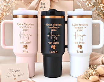 Personalized gift for kindergarten teacher/kindergarten teacher, engraved thermal mug with name, large hearts, stainless steel drinking mug 1.2 liters, kindergarten farewell