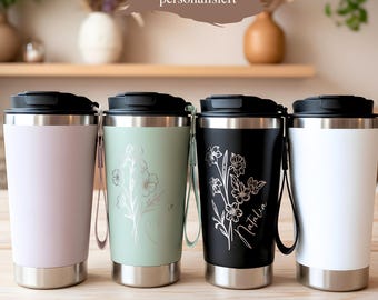 Personalisierter Thermobecher Geburtsblumen Gravur, Geschenk beste Freundin Schwester Kollegin Geburtstag, Edelstahl Trinkbecher Name 500ml