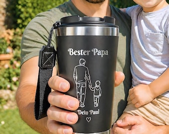 Personalisierter Thermobecher Papa, Gravur Kaffeebecher Vater Kind, Geschenk Vatertag Geburtstag, Edelstahlbecher graviert Bester Papa Tasse