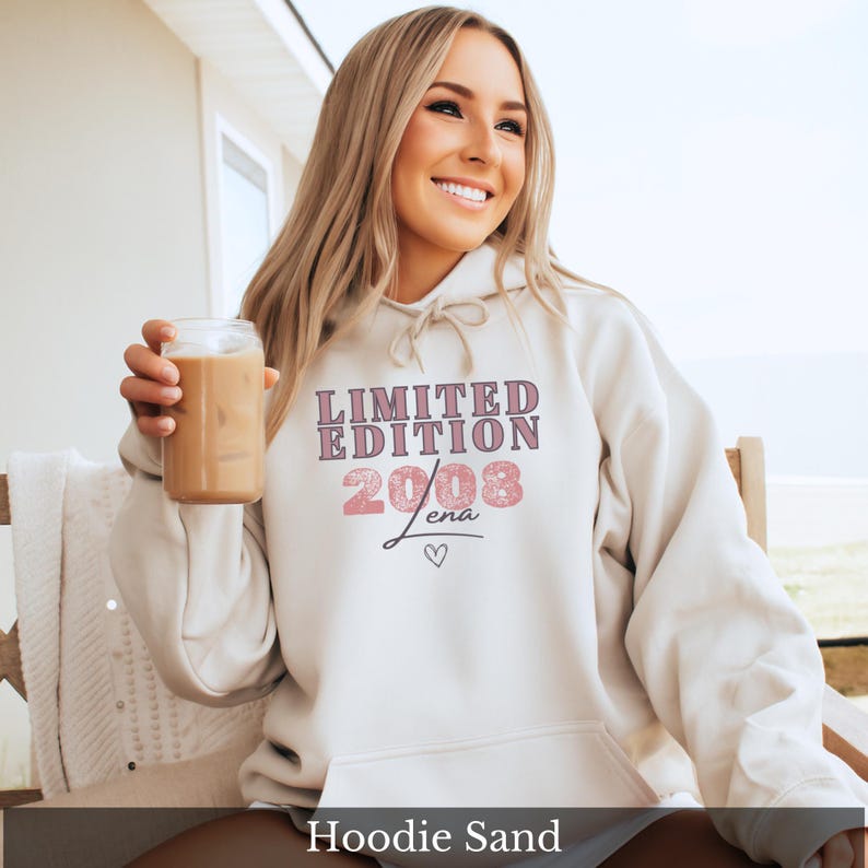 18. Geburtstag Hoodie – Geschenk Mädchen Tochter – Limited Edition 2008 – Kapuzenpullover personalisiert mit Name und Jahr