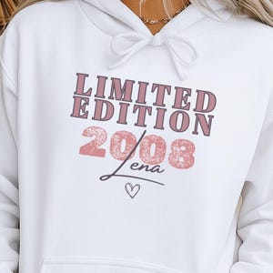 18. Geburtstag Hoodie – Geschenk Mädchen Tochter – Limited Edition 2008 – Kapuzenpullover personalisiert mit Name und Jahr