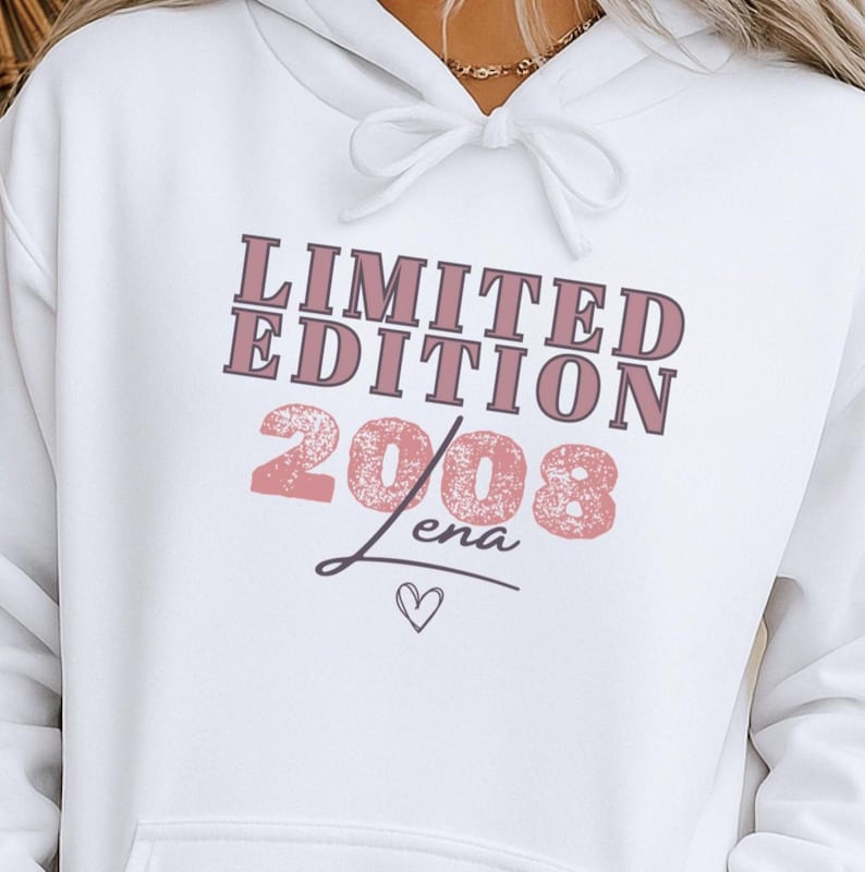 18. Geburtstag Hoodie – Geschenk Mädchen Tochter – Limited Edition 2008 – Kapuzenpullover personalisiert mit Name und Jahr