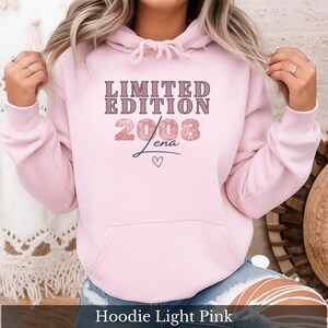 18. Geburtstag Hoodie – Geschenk Mädchen Tochter – Limited Edition 2008 – Kapuzenpullover personalisiert mit Name und Jahr