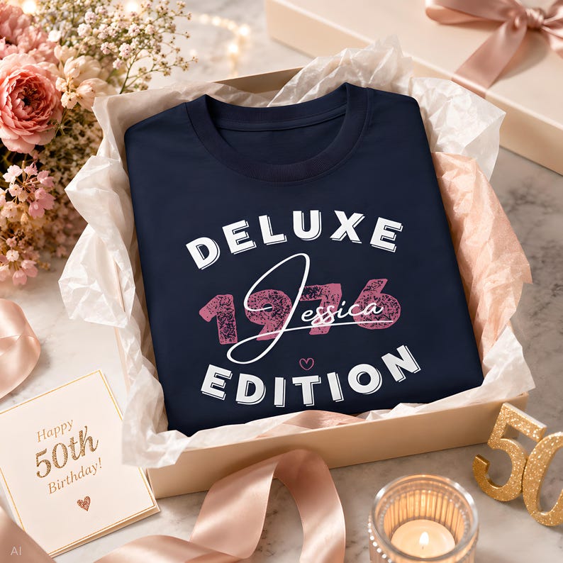 May include: A navy blue t-shirt featuring the white text "DELUXE EDITION" and the pink distressed-style numbers "1976" with the name "Jessica" written in white script across the center, all placed inside a gift box with tissue paper.