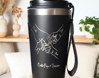 Thermobecher 500ml personalisiert für Papa mit Kinderhänden und Namen – Edelstahl Becher graviert – Vatertagsgeschenk von Kindern Tasse