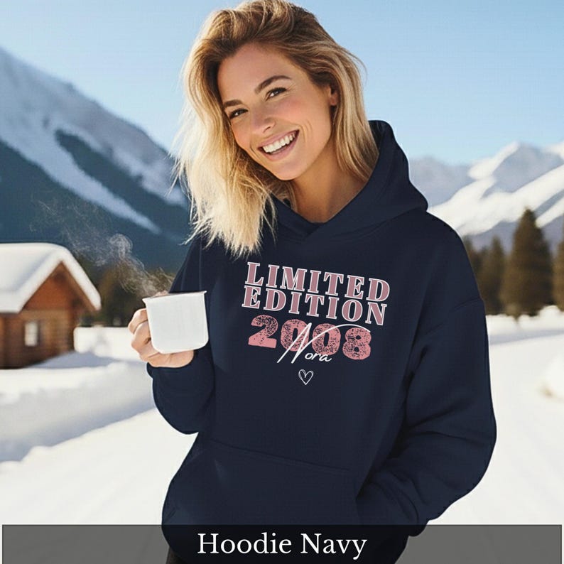 18. Geburtstag Hoodie – Geschenk Mädchen Tochter – Limited Edition 2008 – Kapuzenpullover personalisiert mit Name und Jahr
