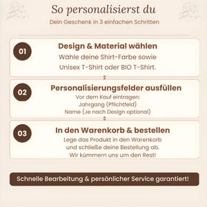 May include: An instructional graphic with a light background and dark brown text outlining three steps for personalizing a gift. The steps include selecting a design and material, filling in personalization fields like birth year and name, and adding to cart.