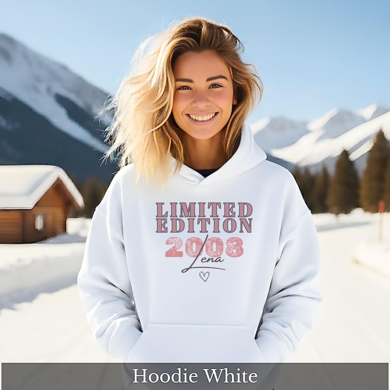 18th Birthday Hoodie – Gift for Daughter – Personalized Name and Year – Hooded Sweatshirt for Teenagers – Birthday Gift Hoodie White