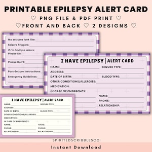 Druckbare Karte Epilepsie Medizinische Karte Awareness Tag im Notfall Vorlage | PNG & PDF Druck Digitaler Download