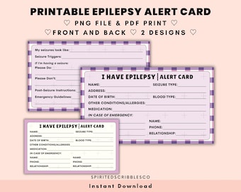Printable Epilepsy Card Medical Alert Cards Epilepsy Seizure Awareness Tag In Case of Emergency Template | PNG & PDF Print Digital Download