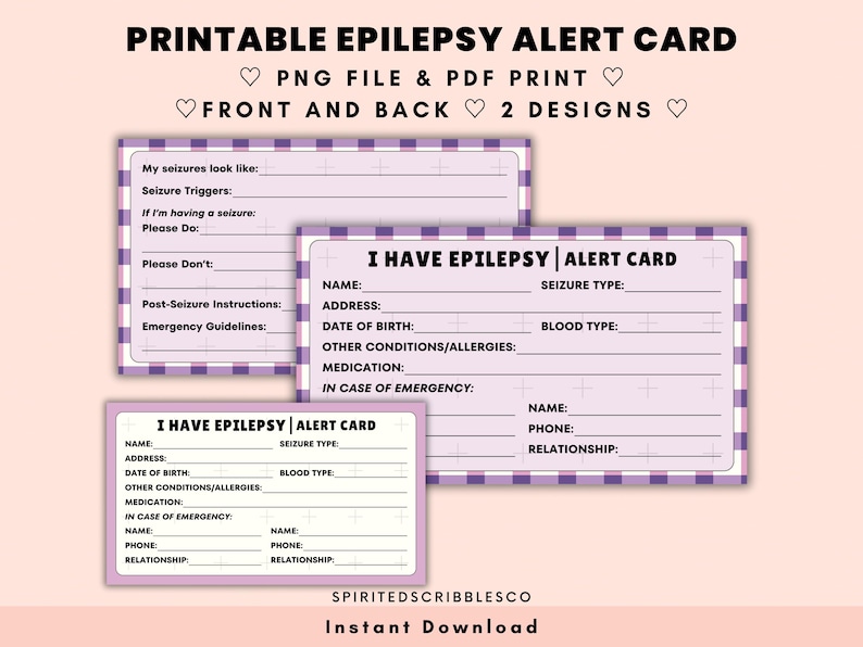Printable Epilepsy Card Medical Alert Cards Epilepsy Seizure Awareness ...