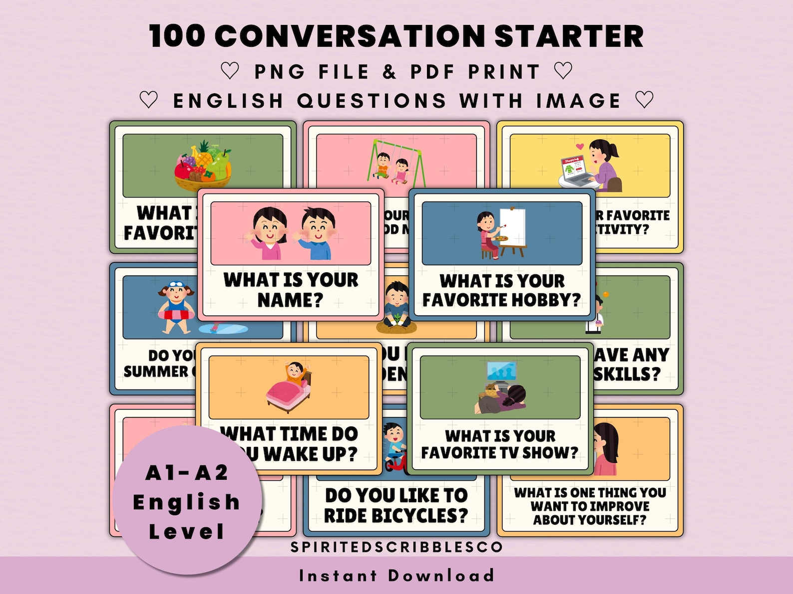 100 English Conversation Starter Flashcards Printable Beginner A1-A2 ...