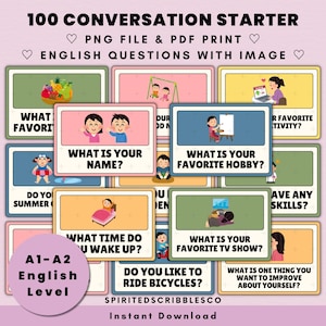 100 Flashcards para iniciar conversas em inglês para impressão, nível iniciante A1-A2, cartão de perguntas, ensino divertido em ESL | PNG e PDF, impressão, download digital