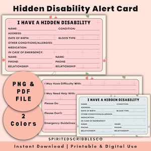 Afdrukbare kaart voor verborgen handicaps Medische kaart Veiligheidswaarschuwingskaart Gezondheidstoestand Nood-ID | Digitale download, png en pdf afdrukken