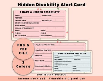 Printable Hidden Disability Card Medical Awareness Card Safety Alert Card Health Condition Emergency ID | PNG & PDF Print Digital Download