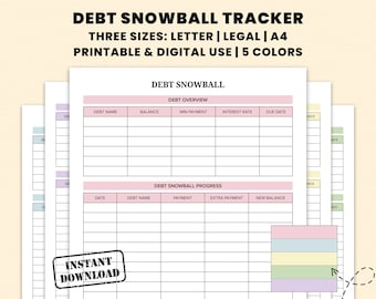 Debt Snowball Tracker Printable Snowball Debt Method Worksheet Chart Debt Payoff Planner Template | A4, Legal, & Letter PDF Digital Download