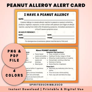 Printable Peanut Allergy Awareness Alert Card Medical Condition Tag Health Awareness Cards Emergency Tags | Digital Download PNG & PDF Print