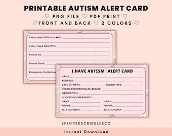 Printable Autism Alert Card Medical ID Ice Tag Emergency Safety Information Card Autism Awareness Template PNG & PDF Print Digital Download