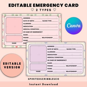 Bearbeitbare Kindernotfallkarte im Notfall ICE Tag Kontaktvorlage Medizinische Sicherheitsinformationen | Digitaler Download Canva Schnitt Guide