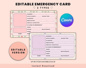 Carte d'urgence modifiable pour enfants en cas d'urgence Modèle de contacts avec étiquette ICE Informations de sécurité médicale | Guide d'édition Canva à téléchargement numérique